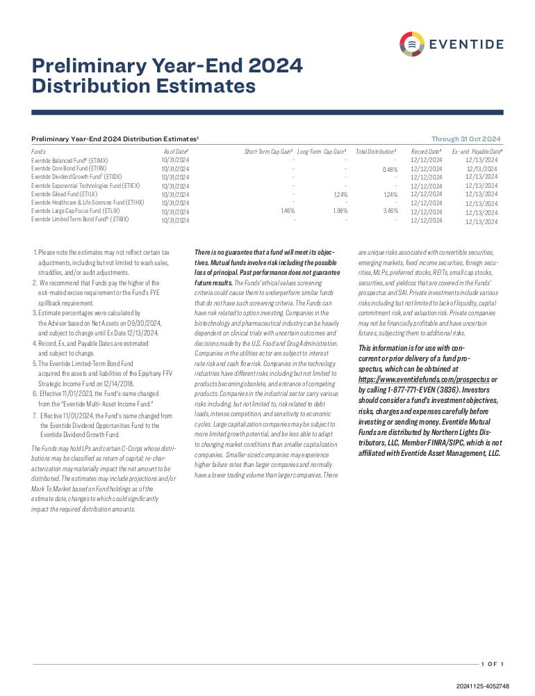 Preliminary Year-End Distribution Estimate (10/31/2024)